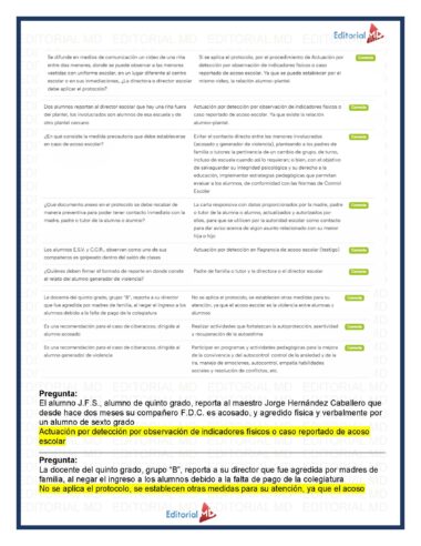 Una hoja de trabajo con cuatro escenarios de acoso escolar; cada uno incluye una pregunta sobre las medidas apropiadas para el profesorado. Dos casos están marcados con acciones, uno en amarillo y otro en verde. La marca de agua y el logotipo de Editorial MD son visibles.