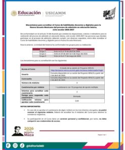 Documento oficial de la Secretaría de Educación Pública de México que describe el proceso para acreditar un curso de competencias docentes para la educación básica. Enumera requisitos, grupos y el proceso para acceder al curso a través del sistema VENUS.