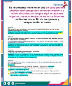 Un cartel educativo en español explica que las preguntas del examen pueden variar y presentarse en cualquier orden. Proporciona preguntas de ejemplo y respuestas correctas en recuadros de texto de color para los temas relacionados con la enseñanza.