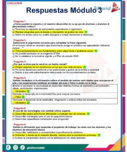 Hoja de respuestas educativas en español con siete preguntas y respuestas resaltadas sobre métodos de enseñanza, posicionamiento social y desarrollo curricular. Las secciones y respuestas están marcadas en amarillo o verde para resaltarlas.