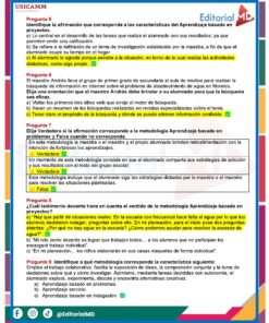 Hoja de ejercicios educativos en español con secciones en color, casillas de verificación y respuestas resaltadas. El contenido se centra en las características del aprendizaje basado en proyectos, una historia sobre los compañeros de clase y sus proyectos, y la selección de enunciados educativos adecuados.