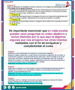 Documento educativo en español sobre el uso del aprendizaje basado en la indagación en las escuelas. Presenta una pregunta de verdadero/falso, texto explicativo y una nota destacada sobre posibles preguntas aleatorias en futuros exámenes, con títulos y acentos de colores.