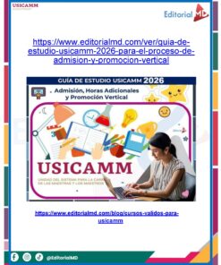 Un folleto digital para la guía de estudio USICAMM 2026 muestra a personas con ordenadores portátiles y gráficos. En la parte superior aparece un enlace azul y el logotipo de Editorial MD. En la parte inferior también aparecen el sitio web de Editorial MD y los iconos de las redes sociales.