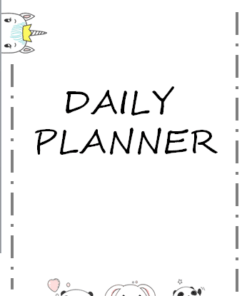 Un gráfico de la portada de una agenda diaria con el título "DAILY PLANNER" en negrita, escrito a mano en el centro, enmarcado por líneas de puntos y adornado con lindos dibujos animados Rainbow Pops en la parte superior e inferior.