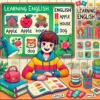 Un joven con una sudadera colorida se sienta en un escritorio con libros y una tableta, sonriendo mientras aprende inglés. Detrás de él hay un tablero con palabras de vocabulario e imágenes como una manzana, una casa y un auto. Una decoración brillante y una planta cercana agregan un ambiente lúdico.