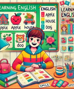 Un joven con una sudadera colorida se sienta en un escritorio con libros y una tableta, sonriendo mientras aprende inglés. Detrás de él hay un tablero con palabras de vocabulario e imágenes como una manzana, una casa y un auto. Una decoración brillante y una planta cercana agregan un ambiente lúdico.