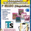 Imagen promocional de los exámenes de diagnóstico de primer año de telesecundaria en formato Word, que abarcan español, matemáticas, biología, historia, civismo y ética, y geografía. Incluye portadas de libros y logotipos de Nueva Escuela Mexicana y Editorial MD.