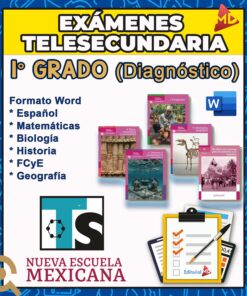 Imagen promocional de los exámenes de diagnóstico de primer año de telesecundaria en formato Word, que abarcan español, matemáticas, biología, historia, civismo y ética, y geografía. Incluye portadas de libros y logotipos de Nueva Escuela Mexicana y Editorial MD.