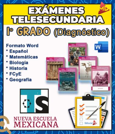Imagen promocional de los exámenes de diagnóstico de primer año de telesecundaria en formato Word, que abarcan español, matemáticas, biología, historia, civismo y ética, y geografía. Incluye portadas de libros y logotipos de Nueva Escuela Mexicana y Editorial MD.