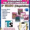 Imagen promocional de exámenes de diagnóstico para alumnos de 3er grado de secundaria, incluyendo materias como Español, Matemáticas, Química, Historia, FCyE e Inglés. Muestra libros de texto, una lista de cotejo y el logotipo de Nueva Escuela Mexicana.