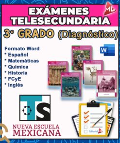 Imagen promocional de exámenes de diagnóstico para alumnos de 3er grado de secundaria, incluyendo materias como Español, Matemáticas, Química, Historia, FCyE e Inglés. Muestra libros de texto, una lista de cotejo y el logotipo de Nueva Escuela Mexicana.