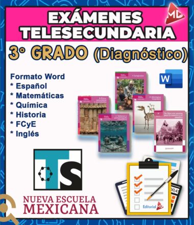 Imagen promocional de exámenes de diagnóstico para alumnos de 3er grado de secundaria, incluyendo materias como Español, Matemáticas, Química, Historia, FCyE e Inglés. Muestra libros de texto, una lista de cotejo y el logotipo de Nueva Escuela Mexicana.