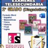 Imagen promocional de "Exámenes TeleSecundaria 2° Grado (Diagnóstico)" con iconos de asignaturas, portadas de libros de texto, un símbolo de documento de Word y el logotipo de Nueva Escuela Mexicana sobre fondo azul.