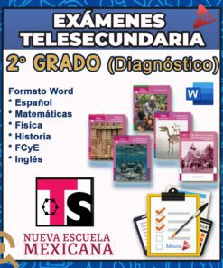Imagen promocional de "Exámenes TeleSecundaria 2° Grado (Diagnóstico)" con iconos de asignaturas, portadas de libros de texto, un símbolo de documento de Word y el logotipo de Nueva Escuela Mexicana sobre fondo azul.