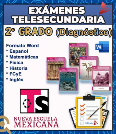 Imagen promocional de "Exámenes TeleSecundaria 2° Grado (Diagnóstico)" con iconos de asignaturas, portadas de libros de texto, un símbolo de documento de Word y el logotipo de Nueva Escuela Mexicana sobre fondo azul.