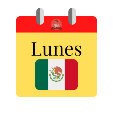 Una página de calendario con la parte superior roja y el cuerpo amarillo muestra la palabra "Lunes" sobre una bandera mexicana, indicando lunes en español.