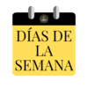 Una página de calendario amarilla y negra con las palabras "DÍAS DE LA SEMANA" en grandes letras negras, y un pequeño logotipo circular con una persona ilustrada en la parte superior.