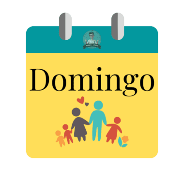 Página de calendario con la palabra "Domingo" en negrita, sobre siluetas de colores de una familia con flores y corazones, sobre fondo amarillo.