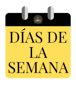 Una página de calendario amarilla y negra con las palabras "DÍAS DE LA SEMANA" en grandes letras negras, y un pequeño logotipo circular con una persona ilustrada en la parte superior.