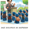 Ilustración de un hombre trajeado dando un discurso en un podio a estudiantes sentados con toga y birrete de graduación al aire libre, con una pizarra y árboles de fondo. El texto dice: "Diez discursos de despedida para directivos escolares".