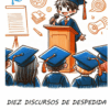 Ilustración de un estudiante sonriente con toga y birrete de graduación azules que pronuncia un discurso en un podio, con sus compañeros de clase con atuendo de graduación sentados delante. El texto reza: "Diez discursos de despedida para alumnos de quinto grado".