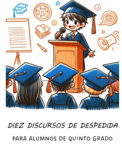 Ilustración de un estudiante sonriente con toga y birrete de graduación azules que pronuncia un discurso en un podio, con sus compañeros de clase con atuendo de graduación sentados delante. El texto reza: "Diez discursos de despedida para alumnos de quinto grado".