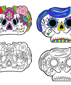 Cuatro ilustraciones de Máscaras del Día de Muertos: dos coloridas en la parte superior y dos contornos en blanco y negro en la parte inferior, todas decoradas con diseños florales y artísticos, asociados con el Día de Muertos.