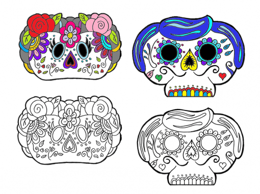 Cuatro ilustraciones de Máscaras del Día de Muertos: dos coloridas en la parte superior y dos contornos en blanco y negro en la parte inferior, todas decoradas con diseños florales y artísticos, asociados con el Día de Muertos.