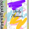 Una colorida portada artística de una Agenda Editable con pinceladas abstractas en morado, amarillo y azul, con las palabras "Daily Planner" escritas en una letra informal y audaz en el centro.