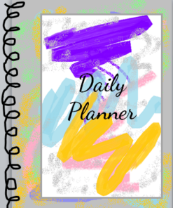Una colorida portada artística de una Agenda Editable con pinceladas abstractas en morado, amarillo y azul, con las palabras "Daily Planner" escritas en una letra informal y audaz en el centro.