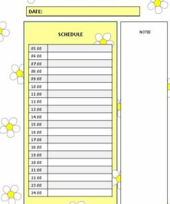Un planificador semanal con una columna resaltada en amarillo para la fecha en la parte superior, seguida de un horario con franjas horarias de 05:00 a 24:00. A la derecha, hay una sección denominada 