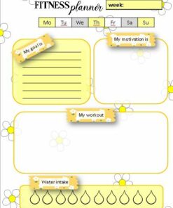 Imagen de una agenda semanal de fitness decorada con flores amarillas y vibrantes margaritas. Esta Agenda Perpetua Margaritas incluye secciones para 