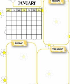 Una Agenda de Enero Perpetua Margaritas. El diseño presenta una cuadrícula de calendario mensual en blanco en la parte superior izquierda y tres secciones etiquetadas como lunes, martes y miércoles para notas o planificación a la derecha. El diseño incluye margaritas amarillas y blancas por todas partes.