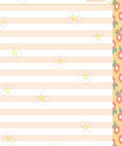 Una página con un fondo de rayas rosas y blancas. Está decorado con margaritas blancas y presenta un colorido borde floral en el lado derecho. Hay una pestaña naranja con la etiqueta 