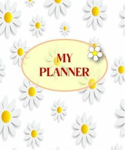 Una imagen de la portada de una agenda con temática floral que presenta margaritasa blanca con centros amarillos esparcidos sobre un fondo blanco. En el centro, una forma ovalada con un borde amarillo contiene el texto 
