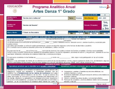 Un documento titulado "Programa Analítico NEM Artes DANZA 1° Grado (Ciclo Escolar 2024 – 2025)" es una guía de programa educativo que incluye encabezados y logotipos vibrantes en su tabla de contenido, cubriendo secciones como análisis del contexto escolar, perfiles de estudiantes y estrategias de enseñanza.