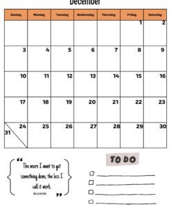 Un calendario de diciembre con fechas marcadas pero sin año especificado, ideal para un planificador de profesores imprimible | 2023-2024. Las características notables incluyen una cita inspiradora de Aristóteles en la parte inferior izquierda: 