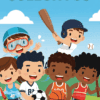 Ilustración de cinco niños diversos jugando deportes de equipo al aire libre, incluyendo fútbol, baloncesto, béisbol y natación, bajo el título en español "Deportes Colectivos" en letras coloridas.