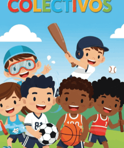 Ilustración de cinco niños diversos jugando deportes de equipo al aire libre, incluyendo fútbol, baloncesto, béisbol y natación, bajo el título en español "Deportes Colectivos" en letras coloridas.