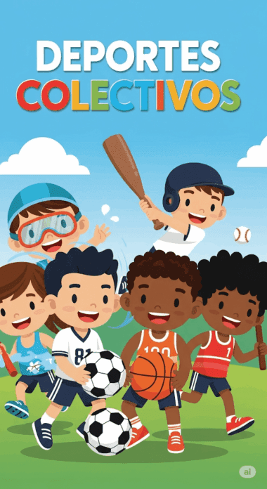 Ilustración de cinco niños diversos jugando deportes de equipo al aire libre, incluyendo fútbol, baloncesto, béisbol y natación, bajo el título en español "Deportes Colectivos" en letras coloridas.