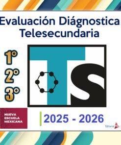 La imagen muestra "Exámenes Diagnósticos TELESECUNDARIA 1er, 2do y 3er Grado (2025 - 2026)" con el logo de TS. En la parte inferior: "Nueva Escuela Mexicana", "2025-2026" y el logo de Editorial MD sobre un fondo de rayas diagonales de colores.