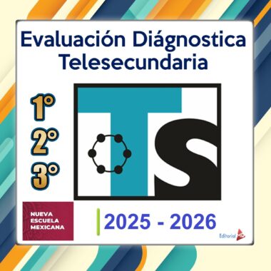 La imagen muestra "Exámenes Diagnósticos TELESECUNDARIA 1er, 2do y 3er Grado (2025 - 2026)" con el logo de TS. En la parte inferior: "Nueva Escuela Mexicana", "2025-2026" y el logo de Editorial MD sobre un fondo de rayas diagonales de colores.