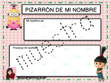 Una hoja de trabajo con temática rosa titulada "PIZARRÓN DE NOMBRE MINIOMS", perfecta para practicar la escritura de nombres, con un lindo personaje y líneas discontinuas para trazar el nombre de muestra.