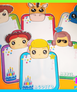 Carteles de Cumpleaños de TOY STORY con personajes de Toy Story con varios disfraces, como una vaca y un conejo, sobre un fondo amarillo y naranja.