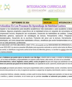 Una infografía que detalla un plan de integración curricular para septiembre de 2024 destaca PLENEACION INTEGRACION CURRICULAR y se centra en el desarrollo de habilidades de lectura. Describe objetivos, actividades y perfiles de egreso para estudiantes avanzados. El encabezado presenta los logotipos de AEF México y British School.