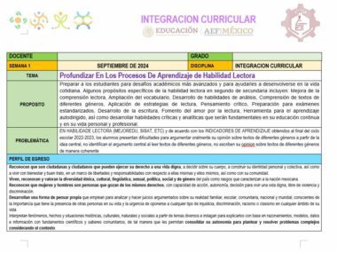 Una infografía que detalla un plan de integración curricular para septiembre de 2024 destaca PLENEACION INTEGRACION CURRICULAR y se centra en el desarrollo de habilidades de lectura. Describe objetivos, actividades y perfiles de egreso para estudiantes avanzados. El encabezado presenta los logotipos de AEF México y British School.