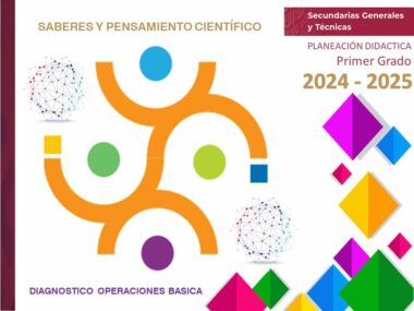 El diseño presenta un patrón geométrico vibrante con círculos naranjas entrelazados y puntos de varios colores. El texto incluye "Saberes y Pensamiento Científico", "Planeación Didáctica Primer Grado 2024-2025" y el nombre del producto, "DIAGNOSTICO OPERACIONES BASICAS SECUNDARIA". Todo esto está enmarcado por coloridas formas de diamantes.