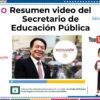 Diapositiva de presentación con texto sobre un resumen en video del Secretario de Educación Pública. Incluye logotipos de Editorial MD y YouTube, un personaje de dibujos animados con una computadora portátil y una imagen de un hombre en un salón de clases. El diseño es colorido y rico en gráficos.