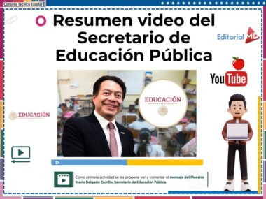 Diapositiva de presentación con texto sobre un resumen en video del Secretario de Educación Pública. Incluye logotipos de Editorial MD y YouTube, un personaje de dibujos animados con una computadora portátil y una imagen de un hombre en un salón de clases. El diseño es colorido y rico en gráficos.