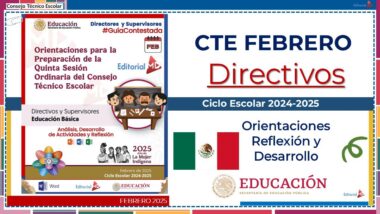 Imagen promocional de la sesión de febrero del Consejo Técnico Escolar. Incluye texto sobre directores y supervisores, lineamientos educativos y presenta banderas mexicanas y logotipos de organizaciones educativas. Los colores predominantes son rojo, blanco y azul.